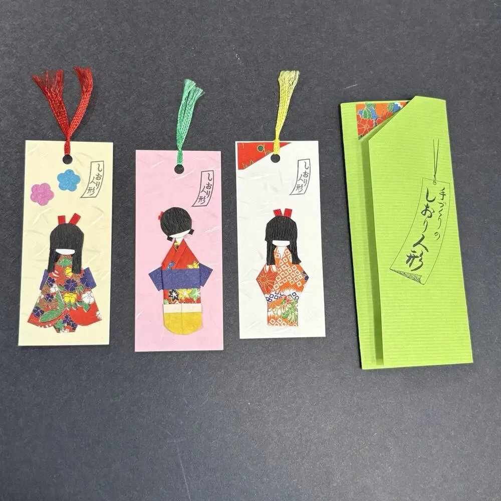 Handmade Japanese Bookmarks Set Of 3 Kimono Origami Paper Shiori Dolls in Pocket